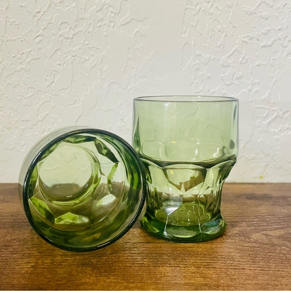 Set of 2 Vintage Anchor Hocking Georgian Avocado Green Flat Tumbler Honeycomb - Picture 2 of 6